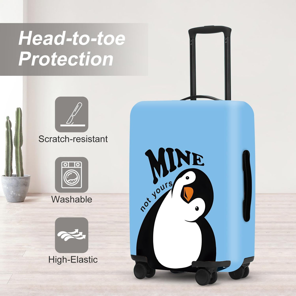 Cute Penguin "Mine" Luggage Cover Set, Cartoon Animal Print Waterproof Suitcase Protector, Travel Accessories