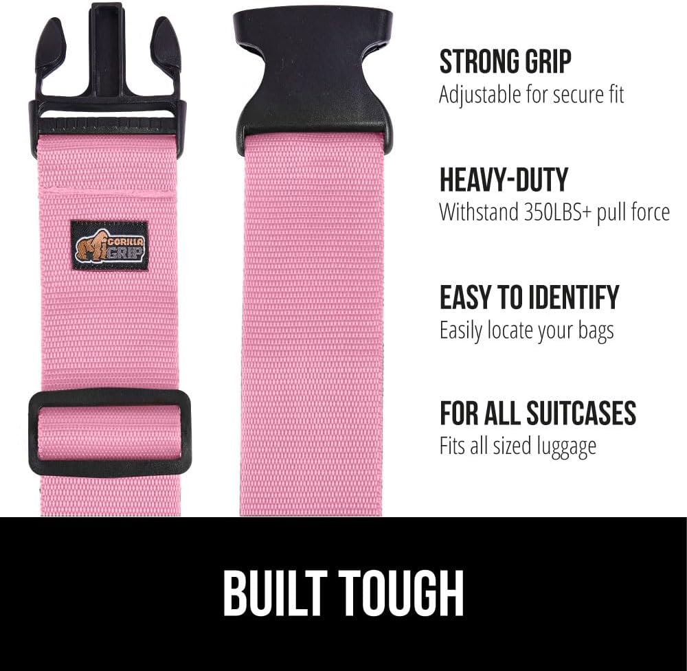 GORILLA GRIP Heavy Duty Luggage Straps for Suitcase, 4 Pack, Pink