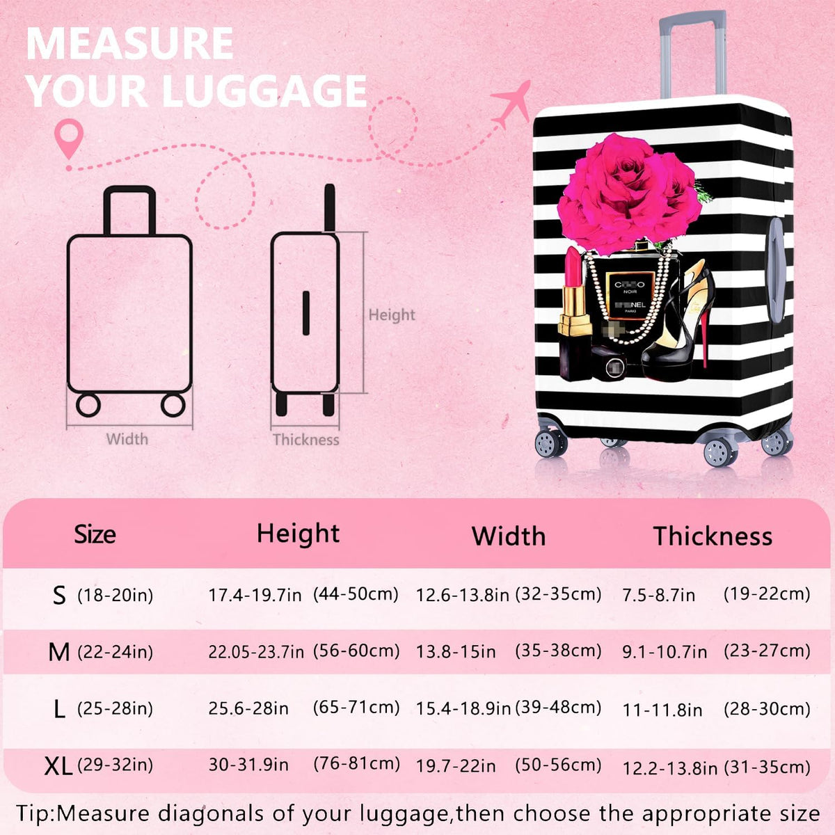 Fashion Accessory Travel Luggage Cover Fashion Girl Perfume and Lipstick and Heels Travel Suitcase Cover Anti-scratch Suitcase cover Fits 18-20 Inch