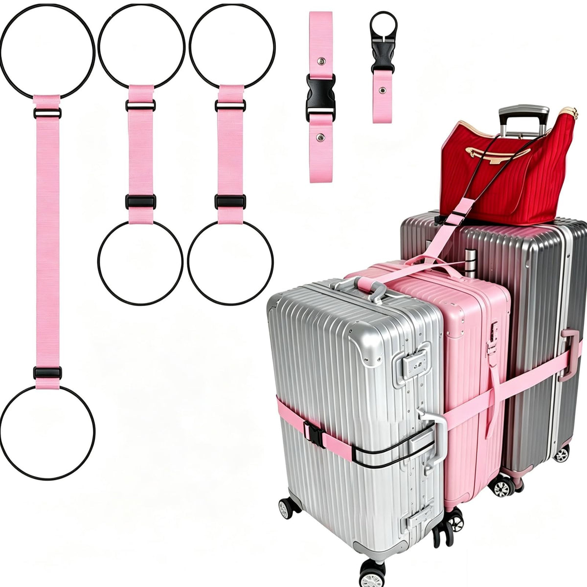 Luggage Straps 3 PCS for Suitcases 2 Short & 1 Long Adjustable Straps with Elastic Thick Rope for Connecting Suitcases and Bags Stably with a Strap Buckle and a Bottle Clip, Pink