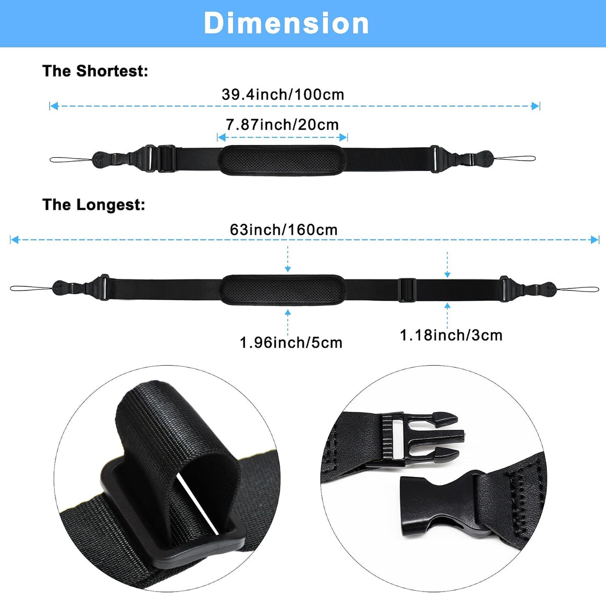 TIMISM Shoulder Strap with Pad, 2 Sets of Quick Release Buckles, Black