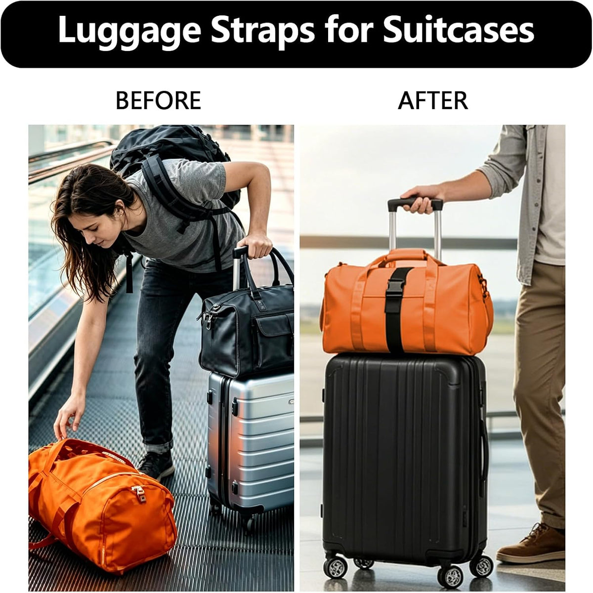 ZHEXI Luggage Straps for Suitcases, Connect Two Packages for Travel(Black)