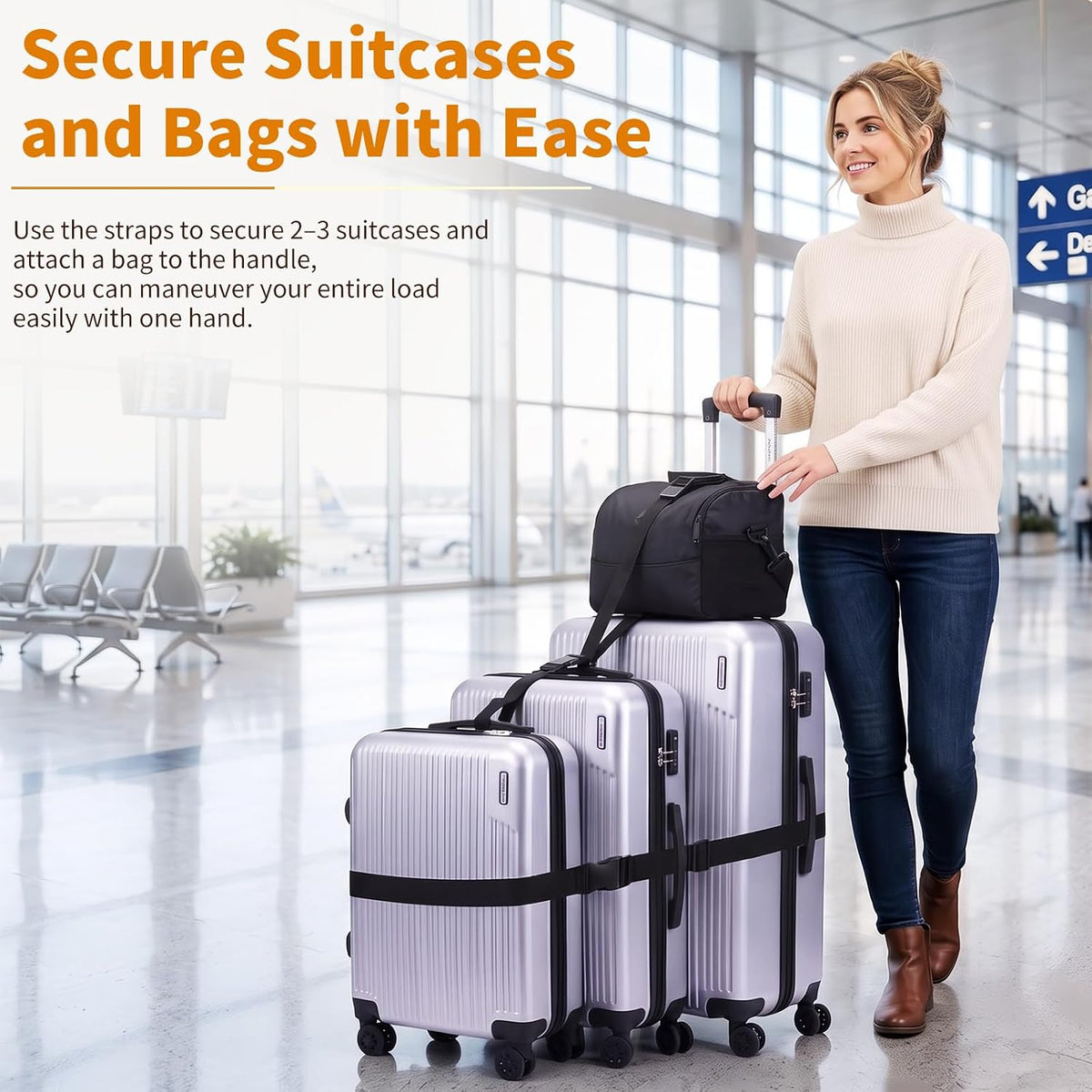 Luggage Straps 3 PCS, Multifunctional Adjustable Luggage Connector Straps with 3 Detachable Buckles, 2 Short & 1 Long Elastic Straps for Connecting, Securing & Protecting Suitcases, Black