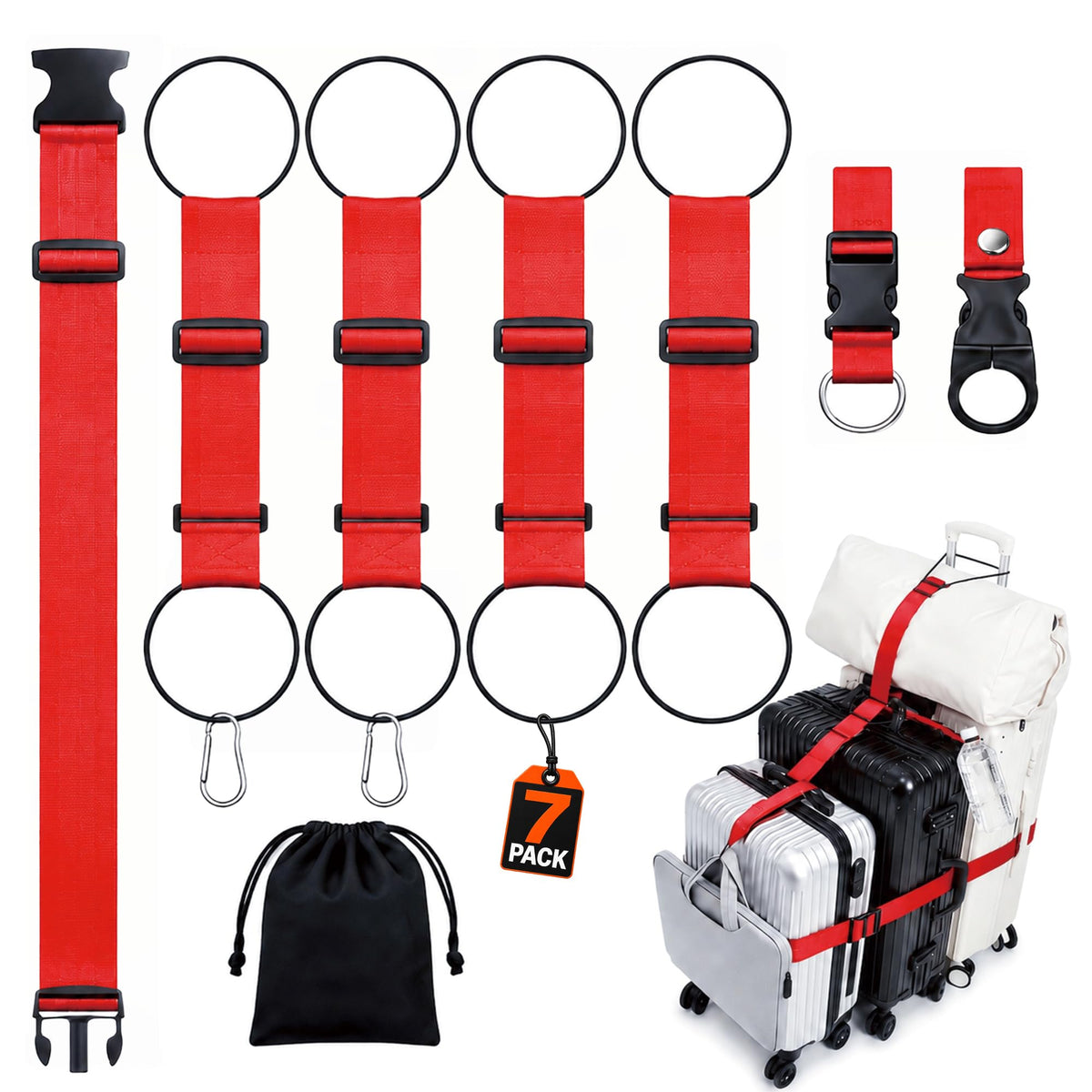 7 Pack Adjustable Luggage Straps for Suitcases & Luggage Connector Straps