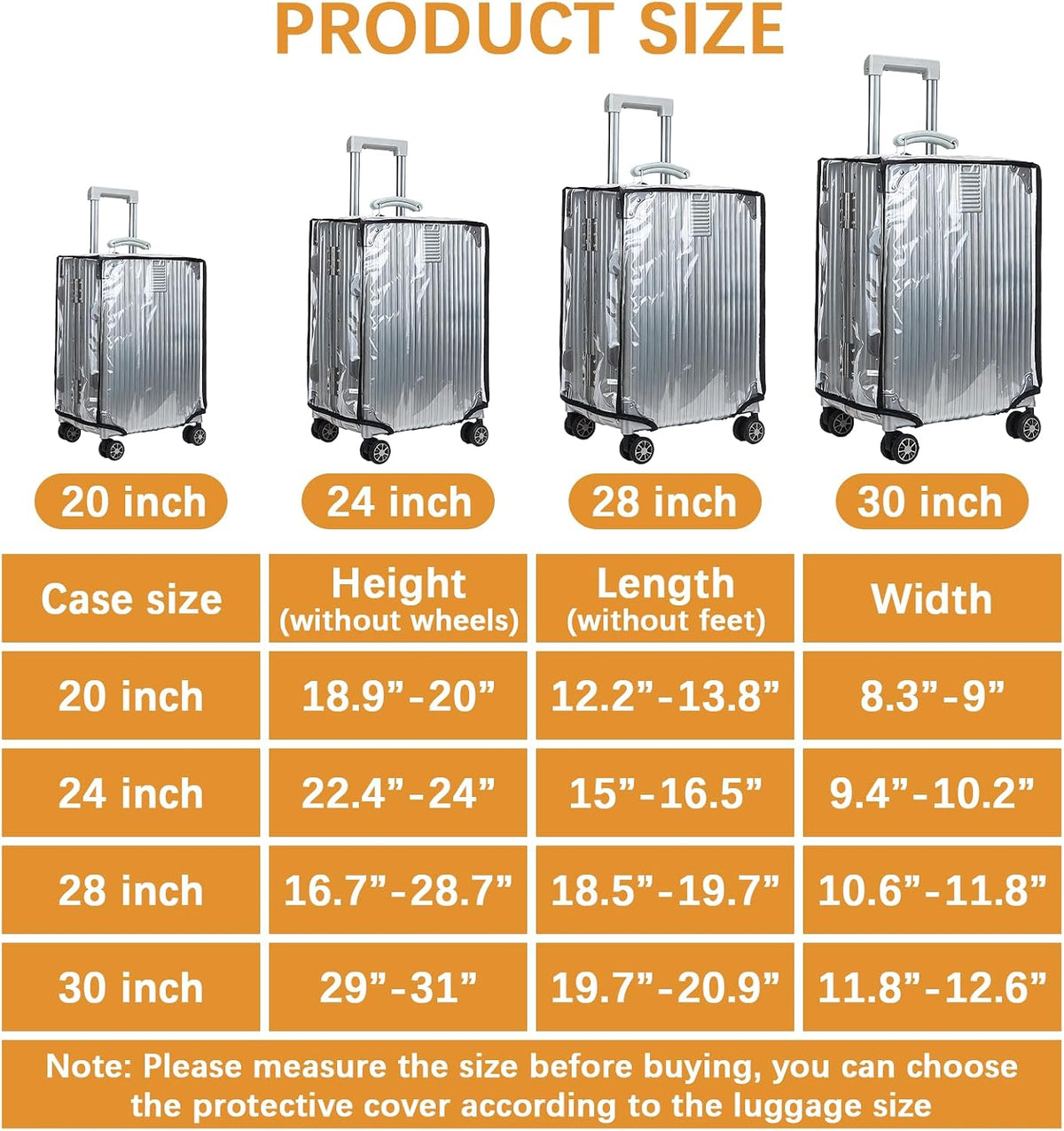 4 Pieces Clear Luggage Cover PVC Suitcase Protector Waterproof Cover for Luggage Spinner Wheels Suitcase (20 Inches, 24 Inches, 28 Inches, 30 Inches)
