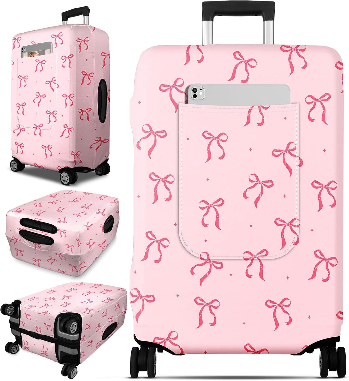 Slohif Cute Luggage Cover with Storage Pocket 28-30 inch Girly Pink Bow