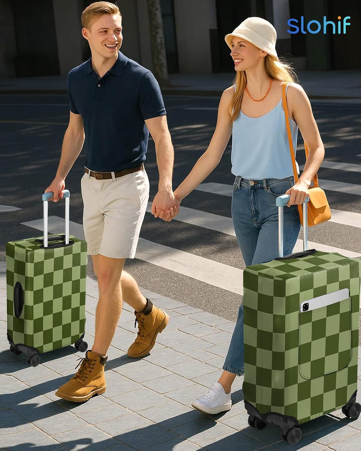 Slohif Classic Green Checkered Luggage Cover with Storage Pocket 28-30 inch