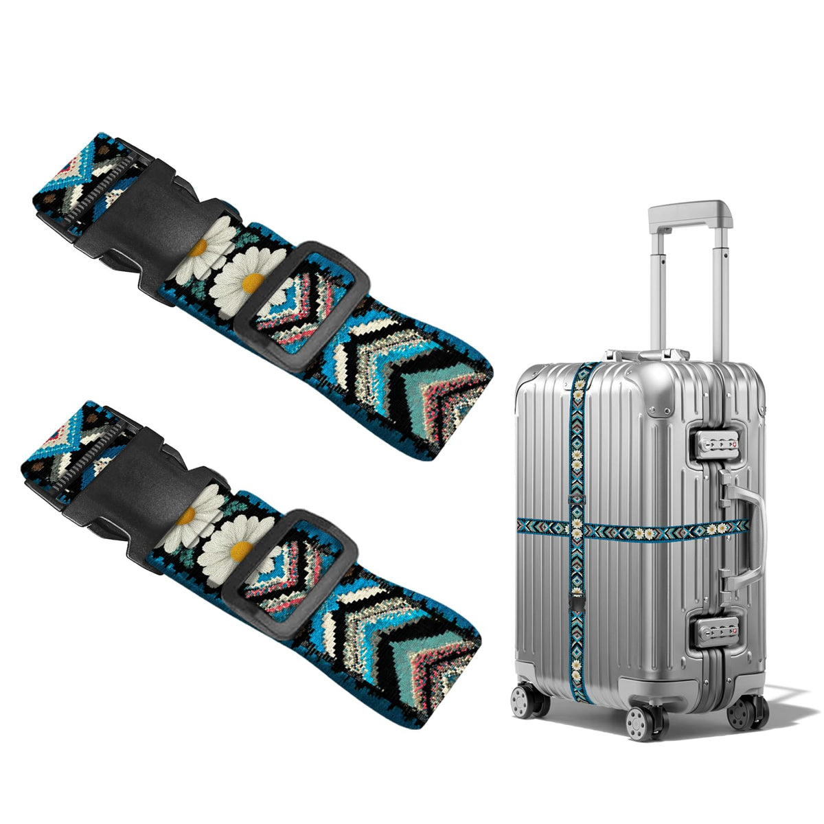 Nuxovilar Luggage Straps of 2 Set Blue Gold Fluid Art Pattern 1.96x90.5in