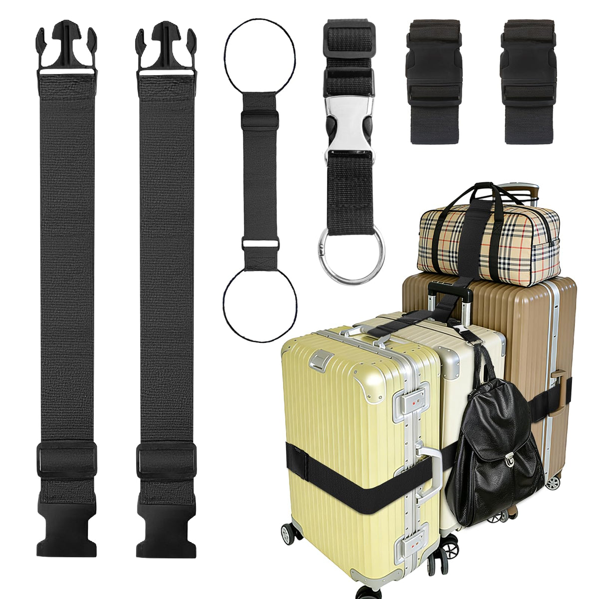 Luggage Straps for Suitcases,Multi-Use Strong Adjustable Luggage Connector Straps, Durable, Waterproof, Bungee Straps,Travel Suitcase Essential Travel Essentials (Black 2PCS)