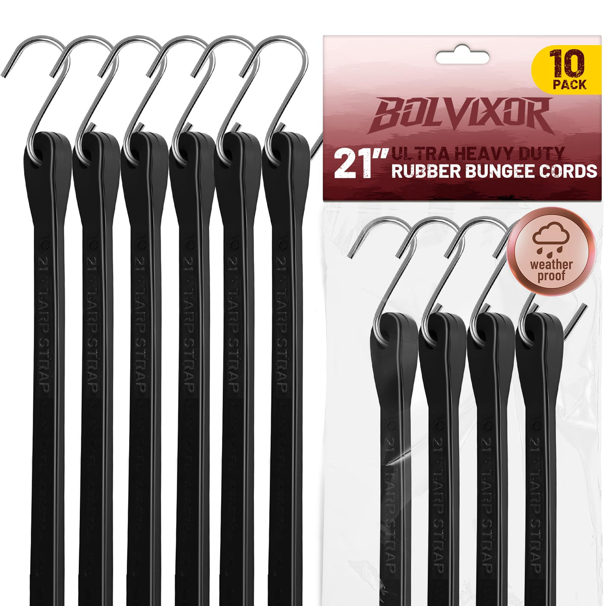 Bungee Cords with Hooks, 10 Pack, 10", 15", 21", 31", EPDM Rubber