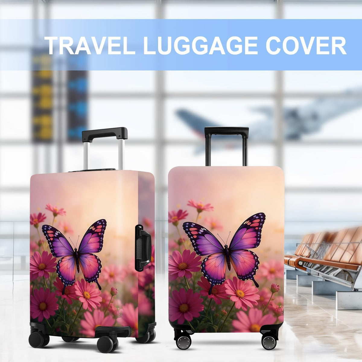 Pink Butterfly Luggage Cover Washable Suitcase Protector Anti-scratch Suitcase cover Fits 32-34 Inch Luggage XL