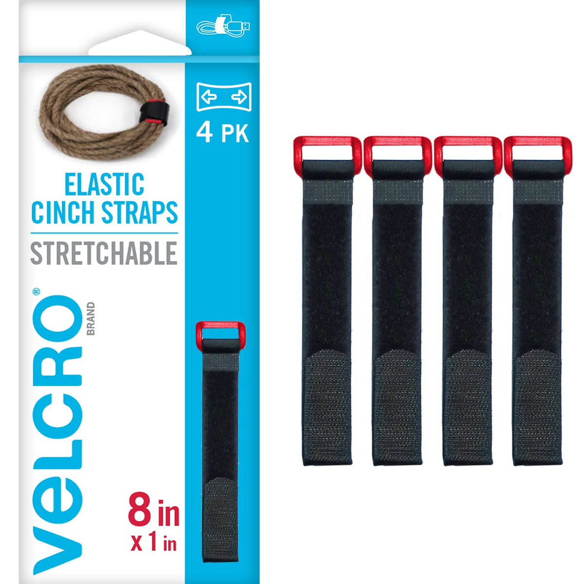 VELCRO Brand Elastic Cinch Straps with Buckle, 30in x 1in, Black, 4 Pack
