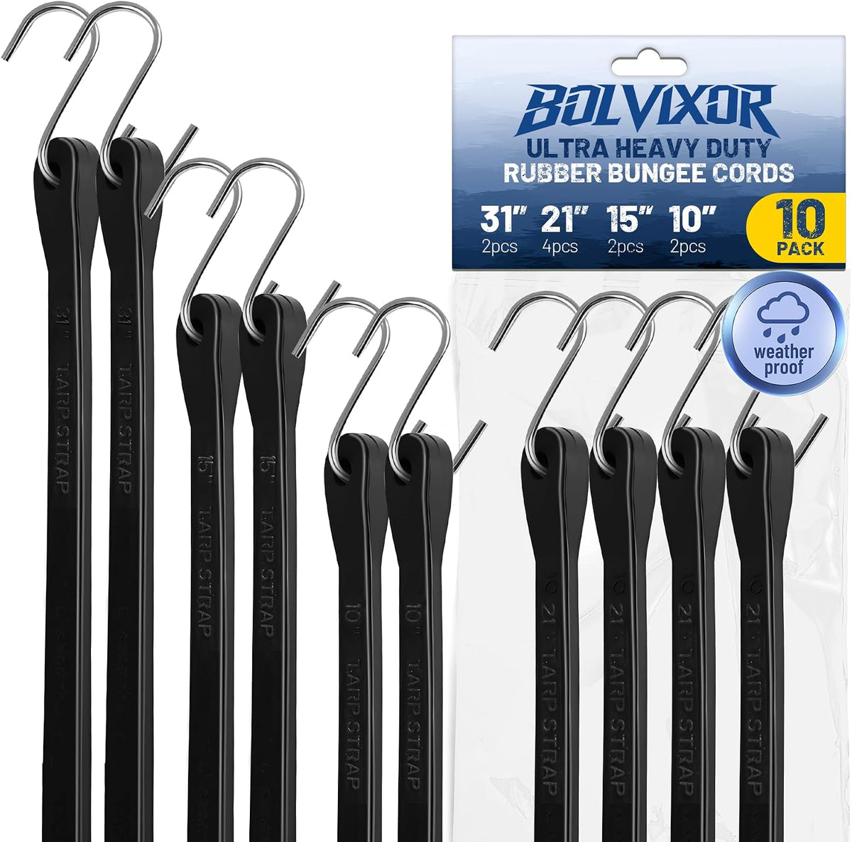 Bungee Cords with Hooks, 10 Pack, 10", 15", 21", 31", EPDM Rubber