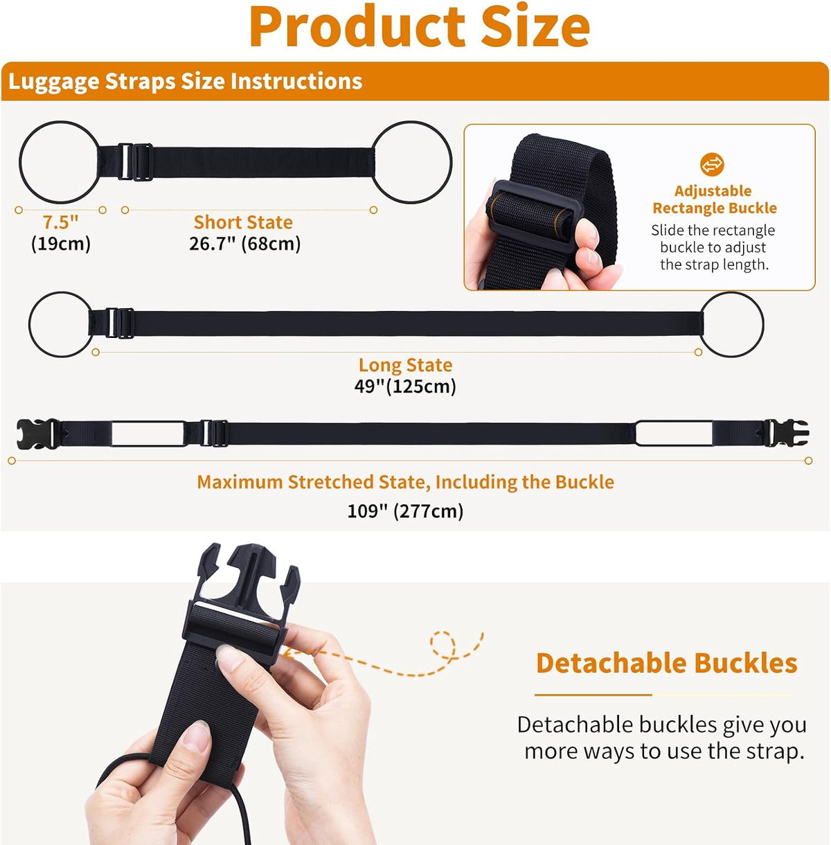 Luggage Straps 3 PCS, Multifunctional Adjustable Luggage Connector Straps with 3 Detachable Buckles, 2 Short & 1 Long Elastic Straps for Connecting, Securing & Protecting Suitcases, Black