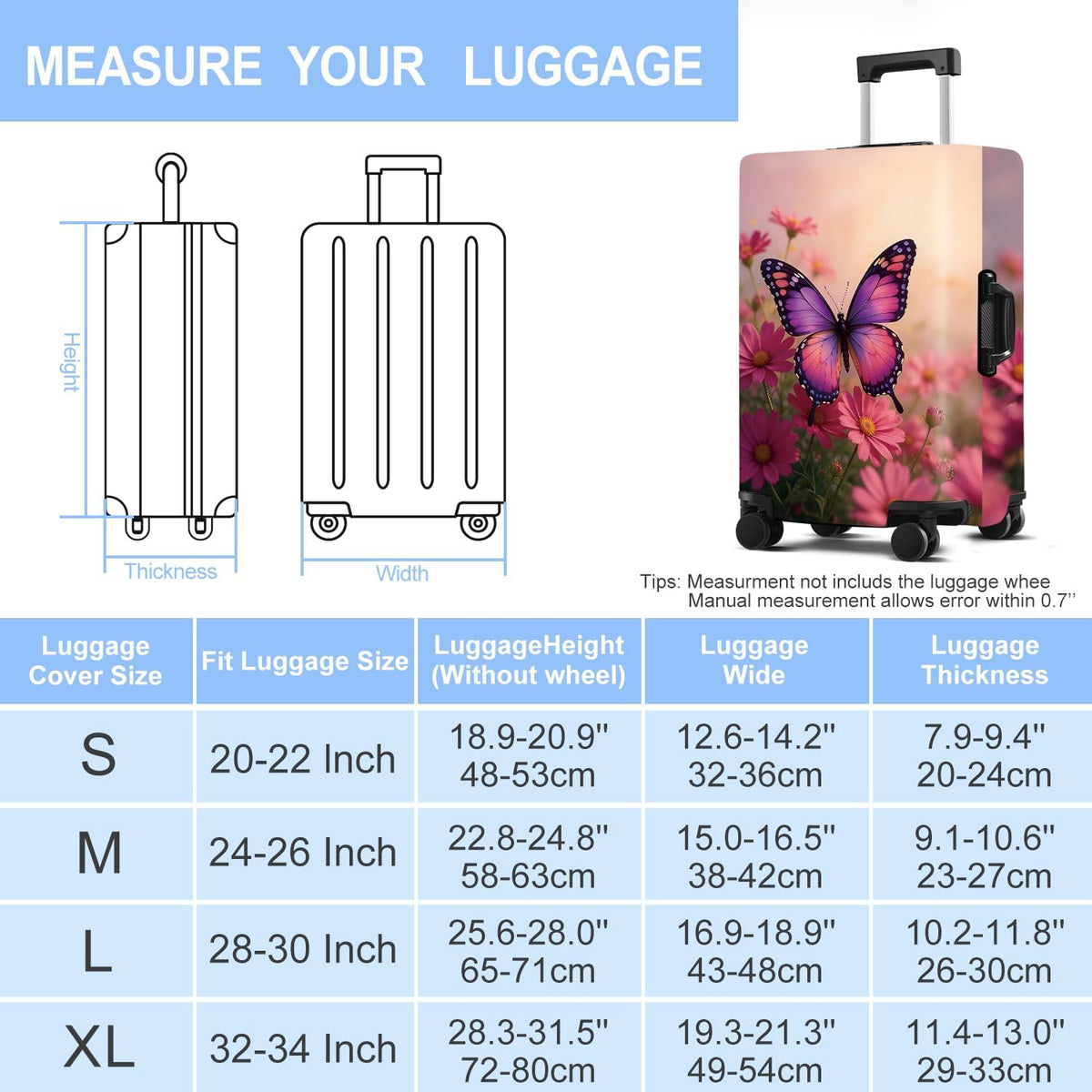 Pink Butterfly Luggage Cover Washable Suitcase Protector Anti-scratch Suitcase cover Fits 32-34 Inch Luggage XL
