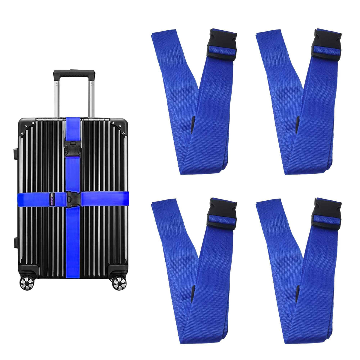 4 Pack Blue Luggage Straps, Adjustable Travel Belt for Suitcases, Secure Buckle Suitcase Accessories