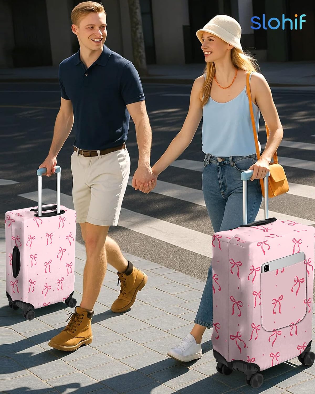 Slohif Cute Luggage Cover with Storage Pocket 28-30 inch Girly Pink Bow
