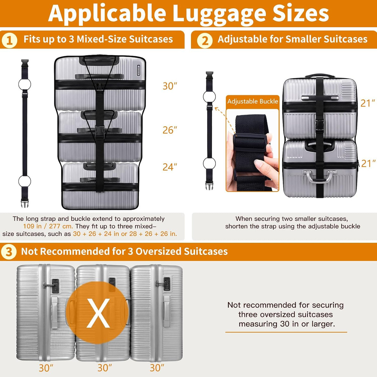 Luggage Straps 3 PCS, Multifunctional Adjustable Luggage Connector Straps with 3 Detachable Buckles, 2 Short & 1 Long Elastic Straps for Connecting, Securing & Protecting Suitcases, Black