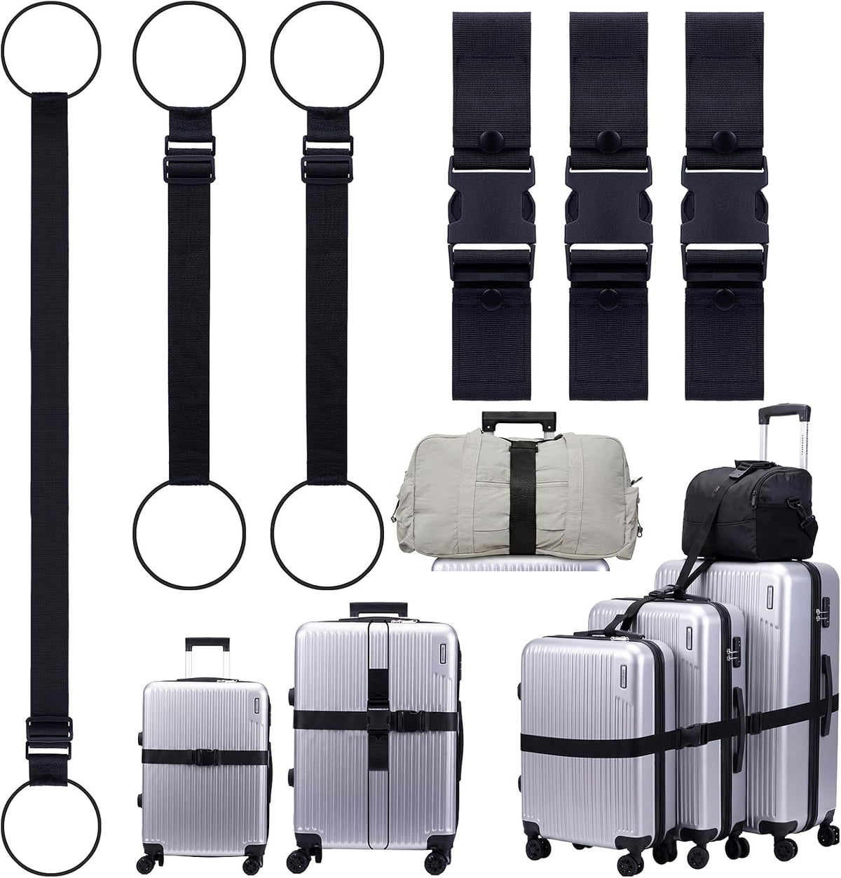 Luggage Straps 3 PCS, Multifunctional Adjustable Luggage Connector Straps with 3 Detachable Buckles, 2 Short & 1 Long Elastic Straps for Connecting, Securing & Protecting Suitcases, Black