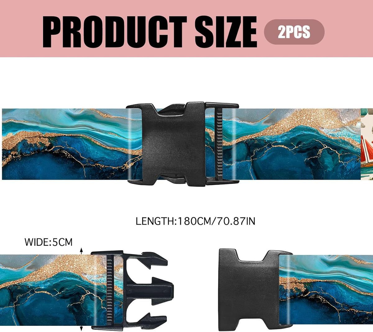 Nuxovilar Luggage Straps of 2 Set Blue Gold Fluid Art Pattern 1.96x90.5in