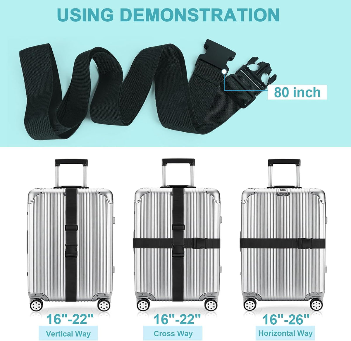 80In Luggage Straps for Suitcase Travel Belt Accessories, 2 Pack Light Blue