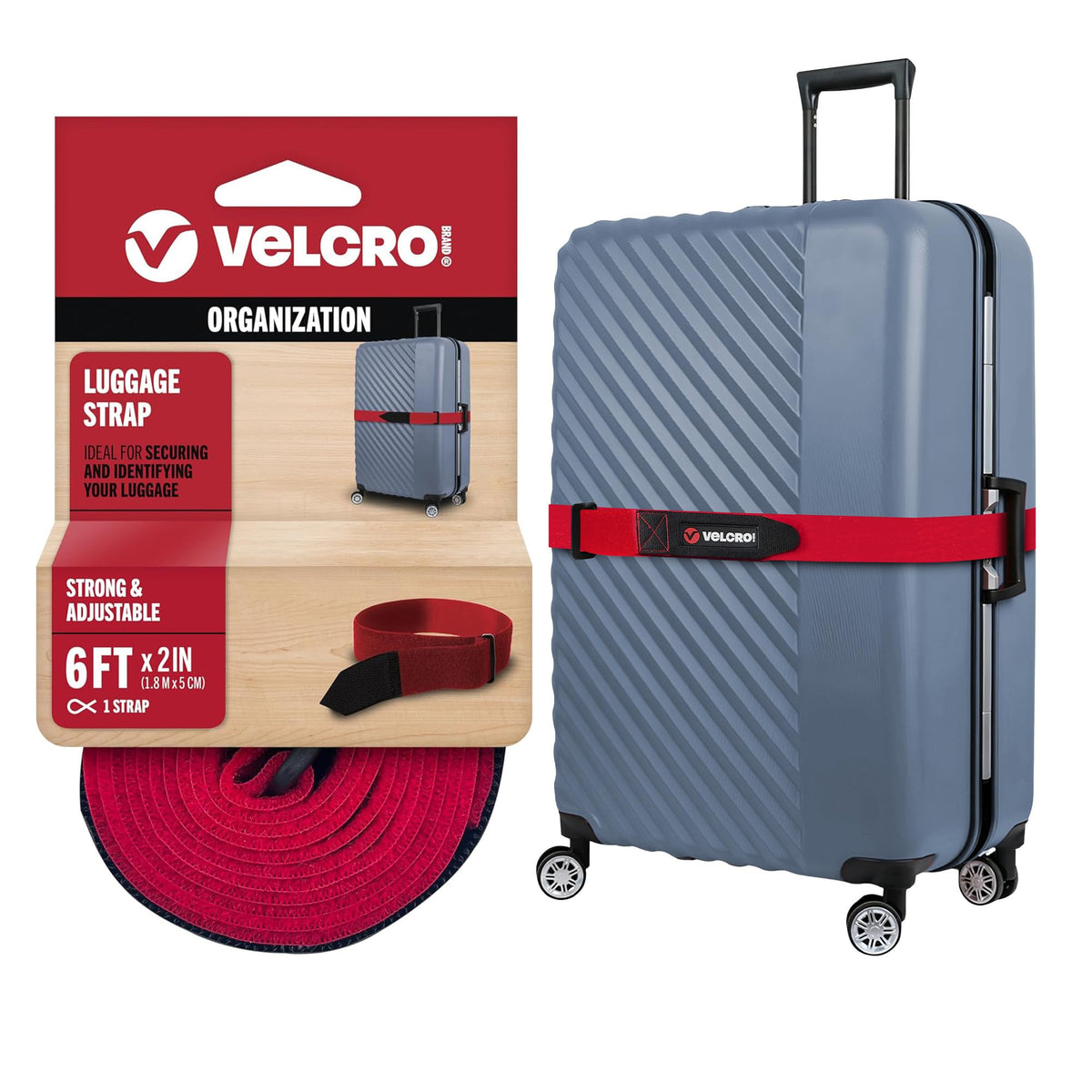 VELCRO Brand Adjustable Luggage Strap for Suitcases, Red, 6ft x 2in