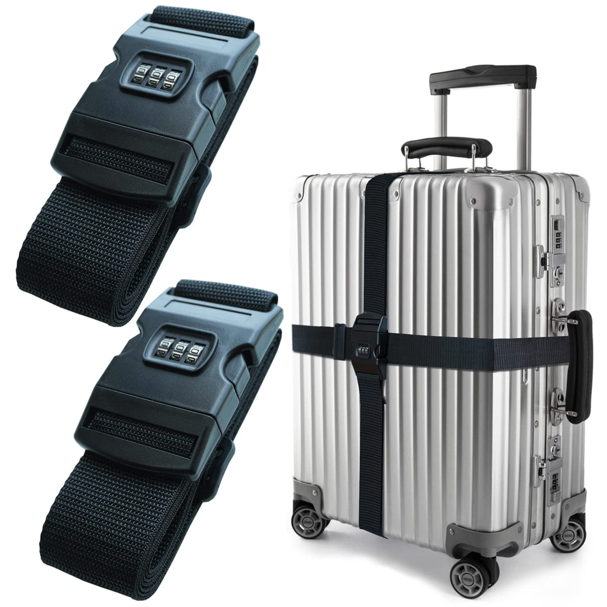 2 PCS Luggage Strap 78" x 2" Suitcase Belts Wide Adjustable Packing Straps Travel Accessories, Black&Combination Lock