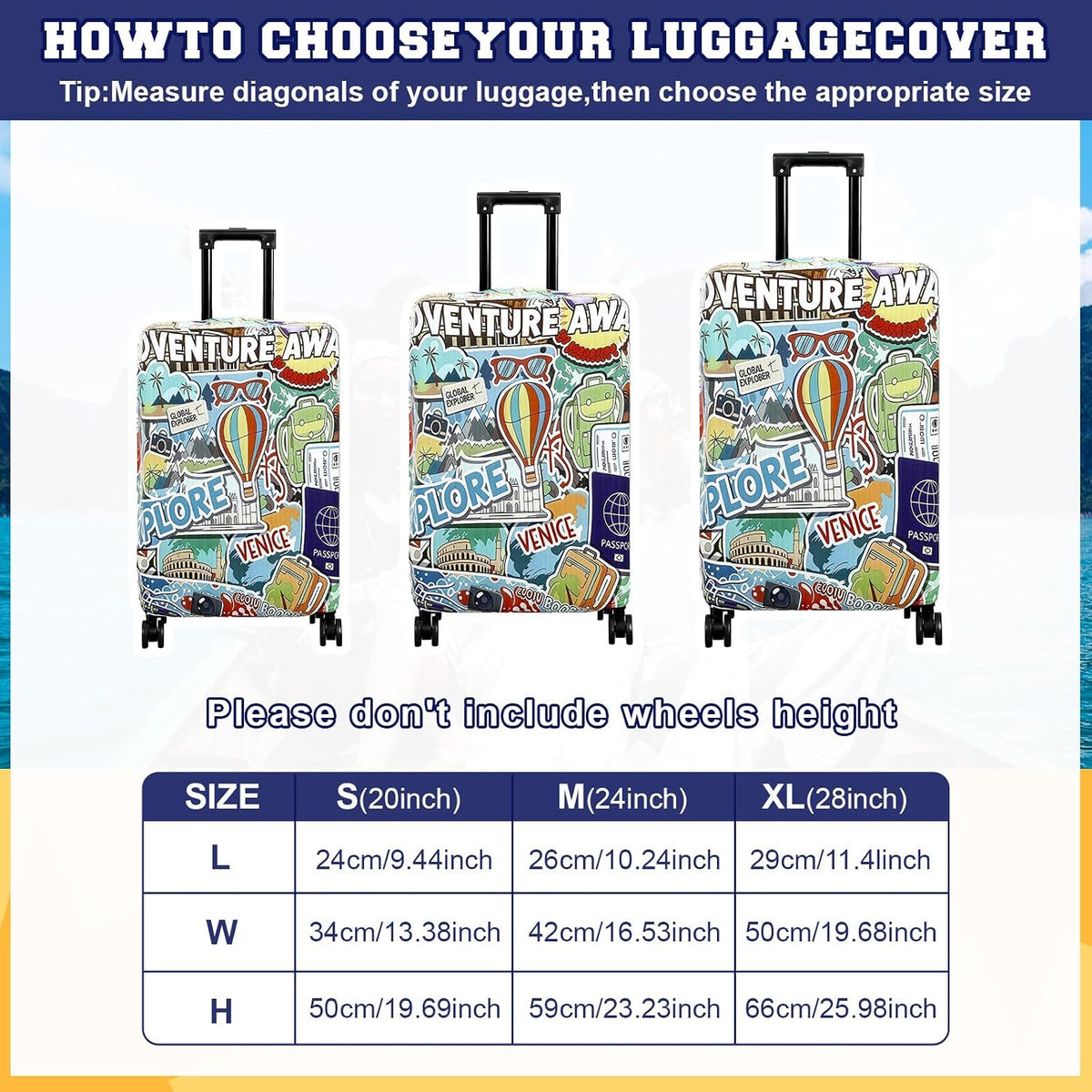 Gilprop 3 Pcs Travel Luggage Cover Washable Suitcase Protector Cover Anti Scratch Case Fits 18-28 Inch Luggage, 3 Sizes(Travel Style)