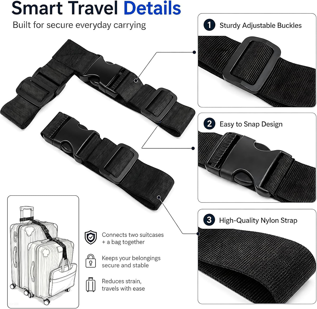 2 Pack Luggage Straps for Suitcases, Luggage Straps with Buckle Belt