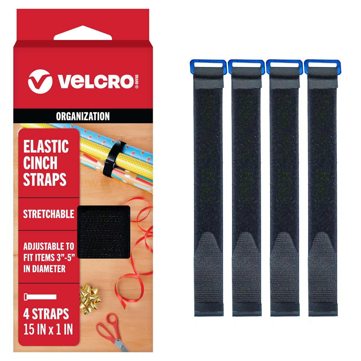 VELCRO Brand Elastic Cinch Straps with Buckle, 30in x 1in, Black, 4 Pack