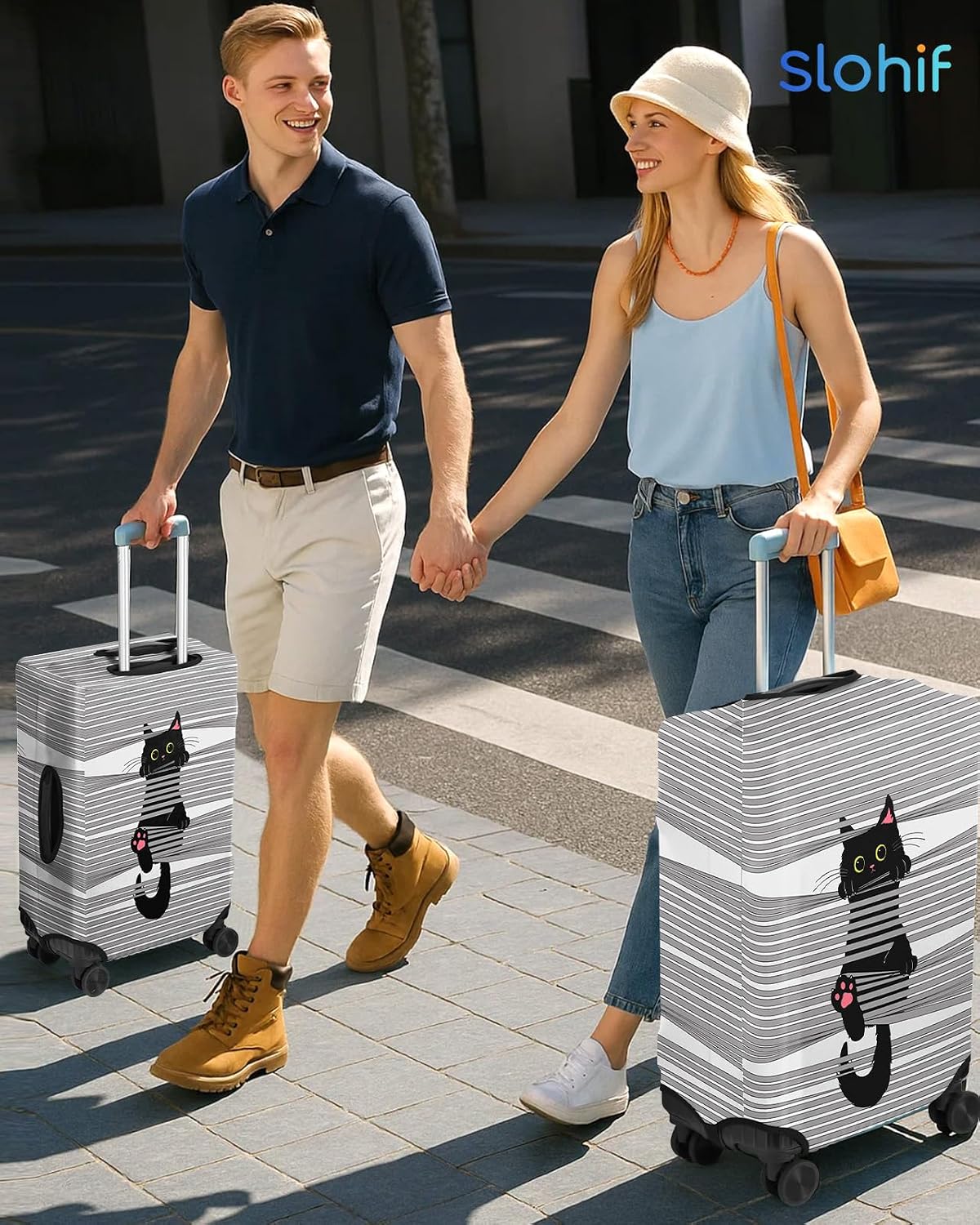 Slohif Luggage Cover for Suitcase Tsa Approved Protector - Grey Cute Cat Striped Luggage Sleeve Medium Suit Case Cover Travel Stretch Baggage Case Protective Washable Fit 24-27 Inch
