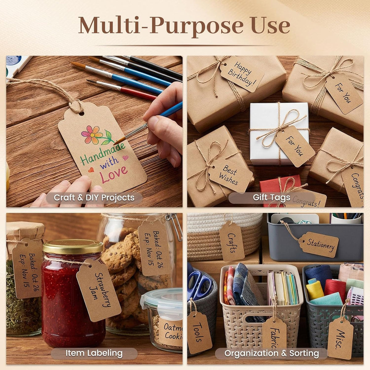SALLYFASHION 100PCS Gift Tags with String Attached, Kraft Paper Hang Tags
