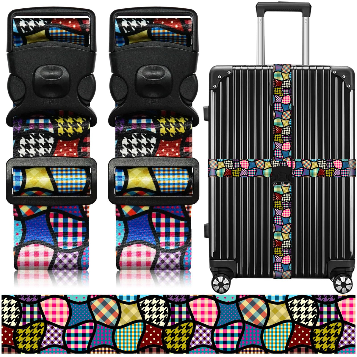 2 Pack Luggage Straps for Suitcases, Adjustable Travel Belt with Double Lock and Quick Release Buckle, Heavy Duty Nylon Bag Packing Strap, Bright Identifiers Business Travel Accessories-Colorful Block