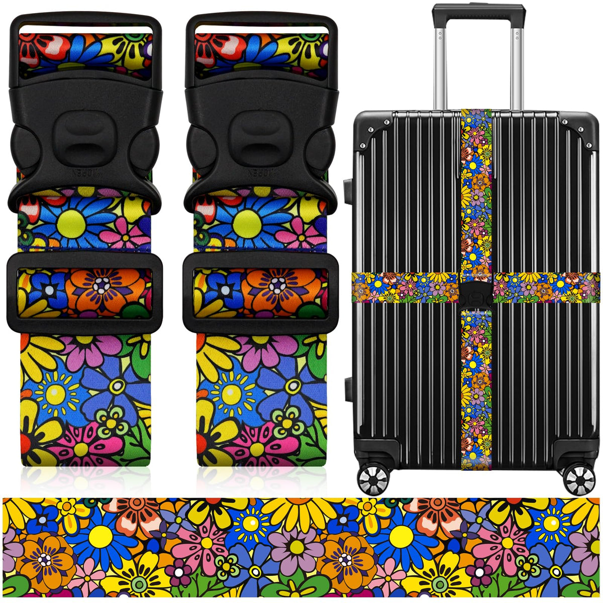 2 Pack Luggage Straps for Suitcases, Adjustable Travel Belt with Double Lock and Quick Release Buckle, Heavy Duty Nylon Bag Packing Strap, Bright Identifiers Business Travel Accessories-Colorful Block