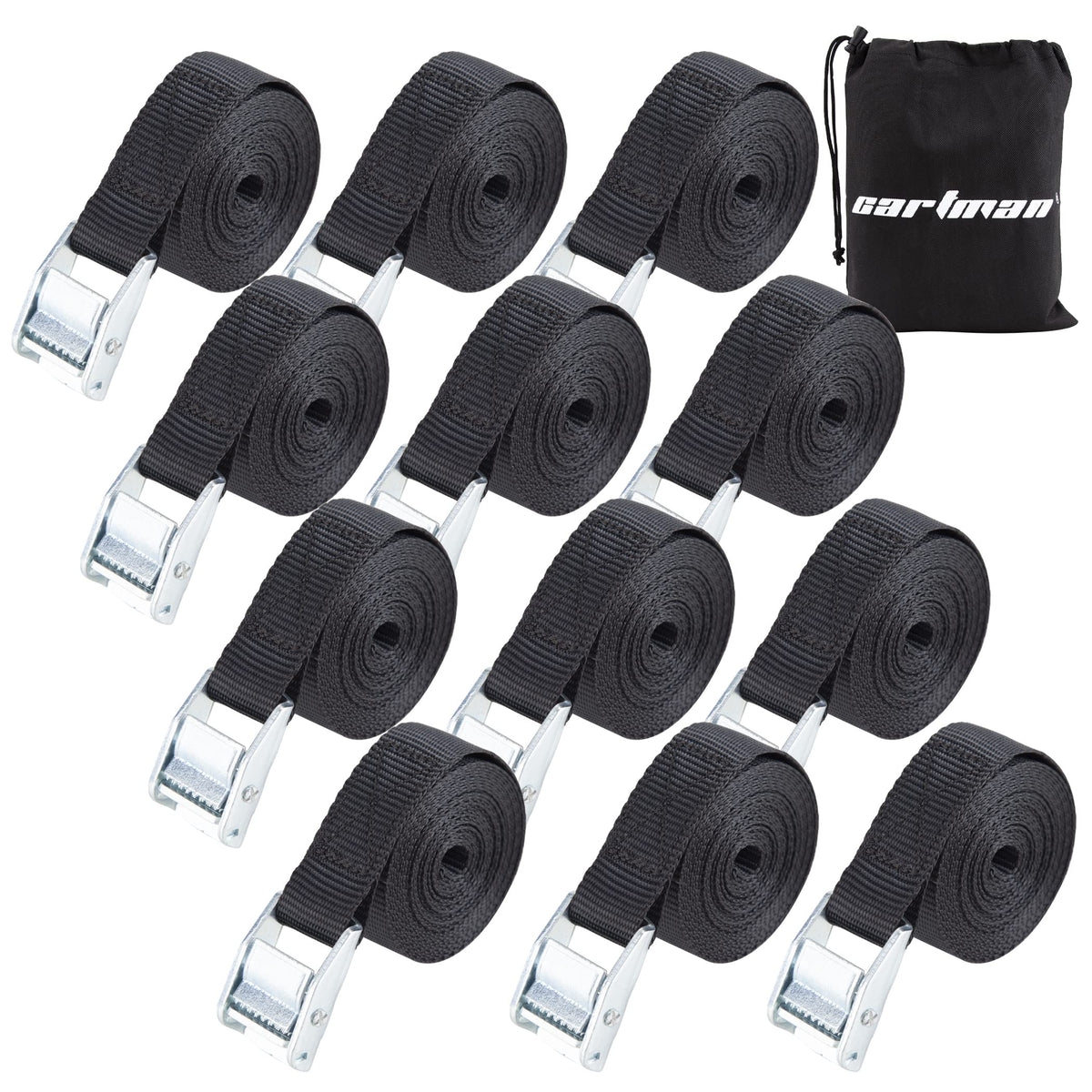 Cartman 1" x 12 ft Lashing Straps, 6 Pack, 600 lb Break Strength, Black