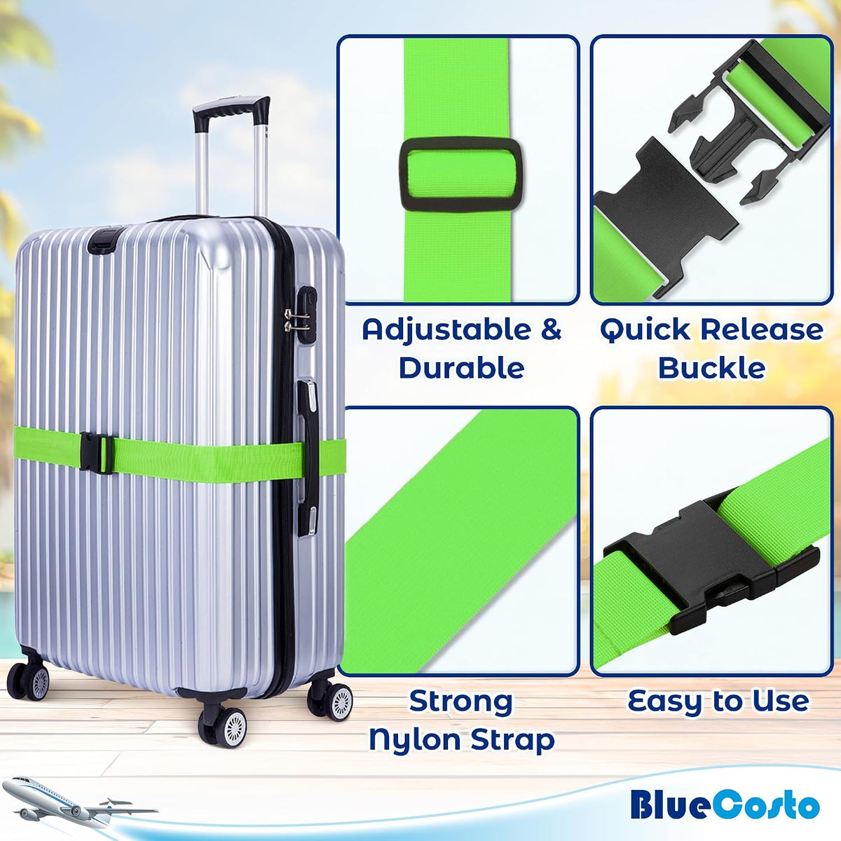 Luggage Straps for Suitcases - TSA Approved - Neon Green, 4 PK
