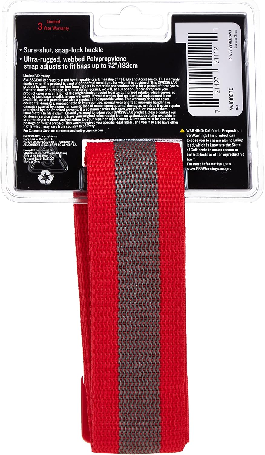 SwissGear Adjustable Luggage Strap with Snap-Lock Buckle - Fits Bags up to 72-Inches, One Size, Red