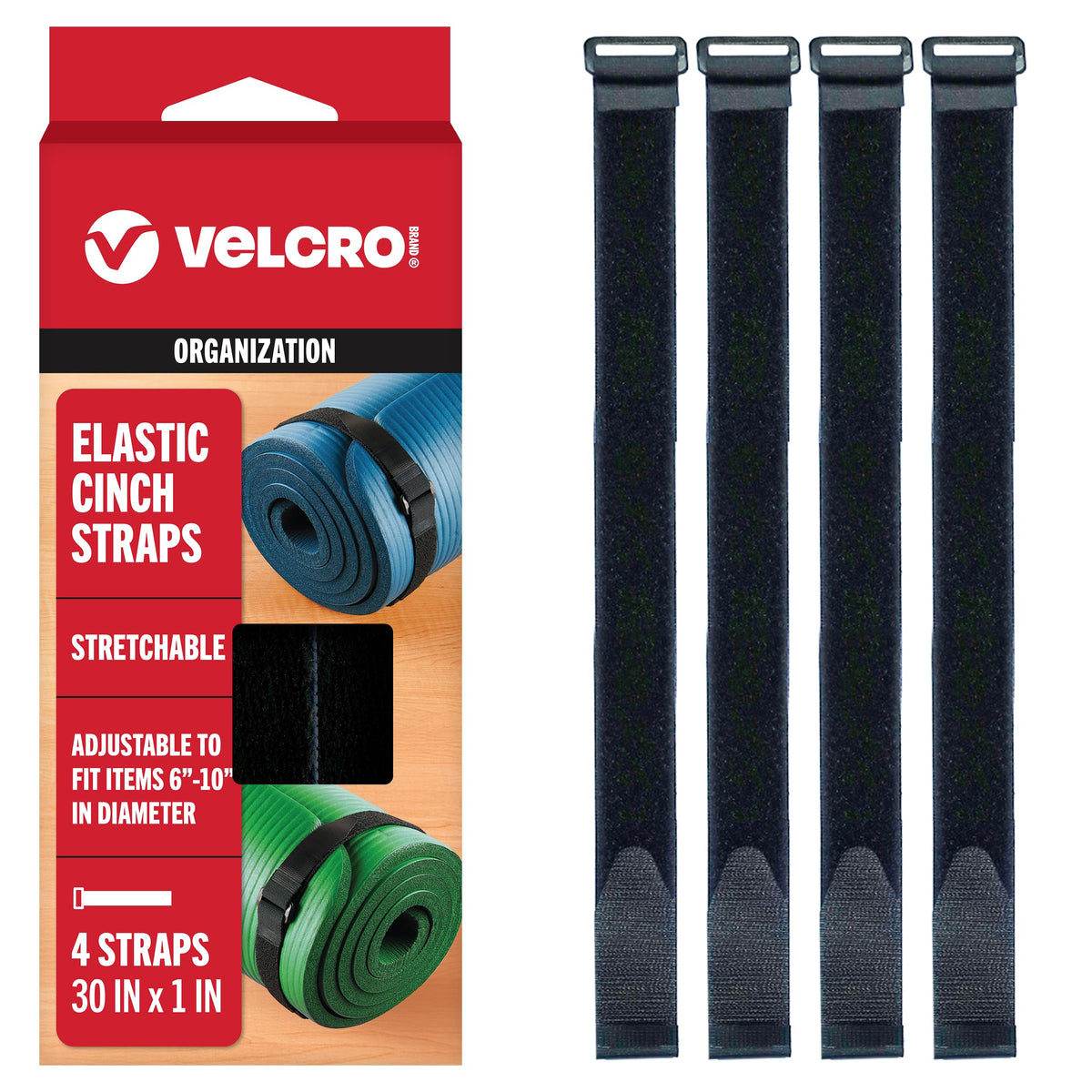 VELCRO Brand Elastic Cinch Straps with Buckle, 30in x 1in, Black, 4 Pack