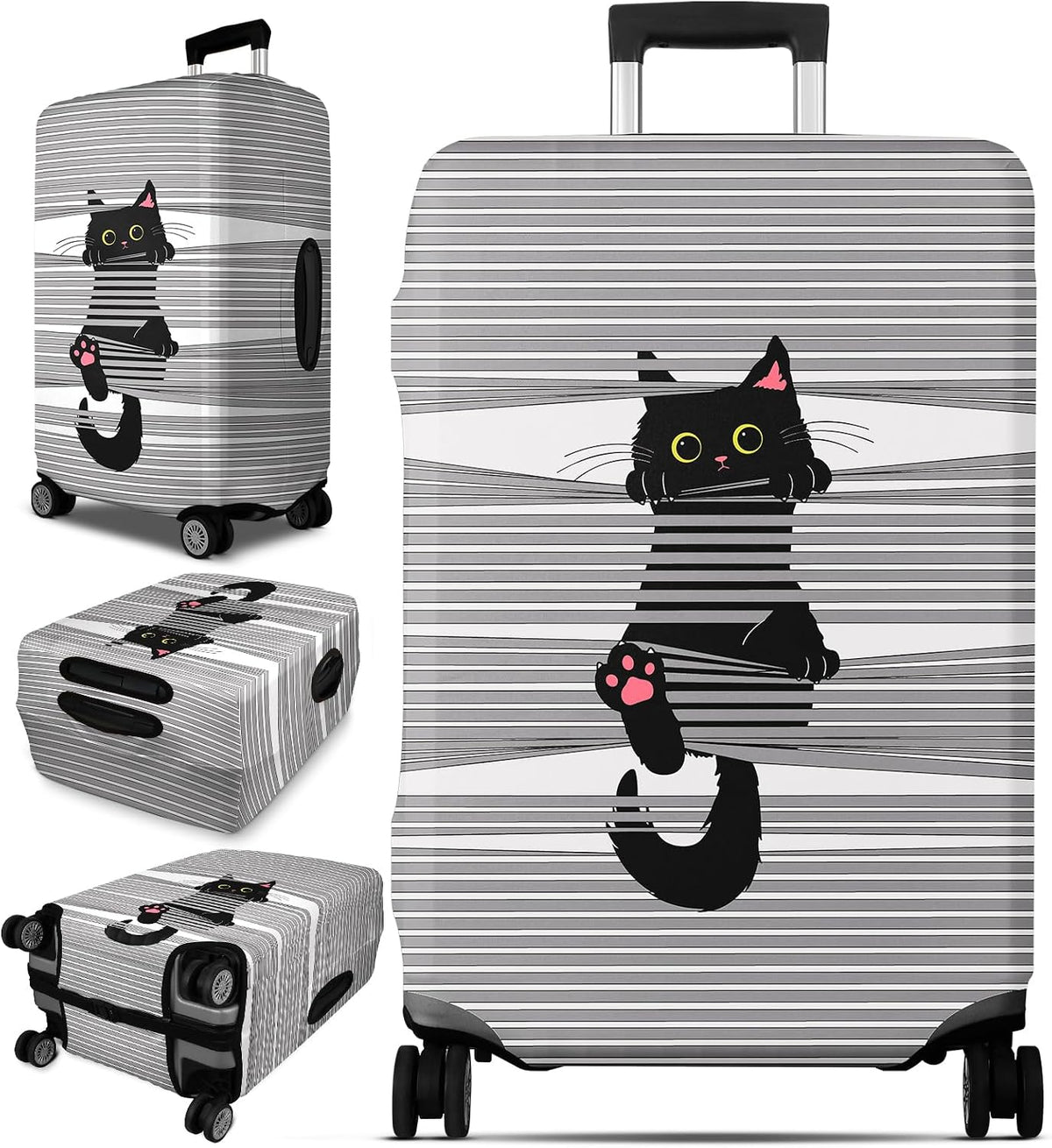 Slohif Luggage Cover for Suitcase Tsa Approved Protector - Grey Cute Cat Striped Luggage Sleeve Medium Suit Case Cover Travel Stretch Baggage Case Protective Washable Fit 24-27 Inch