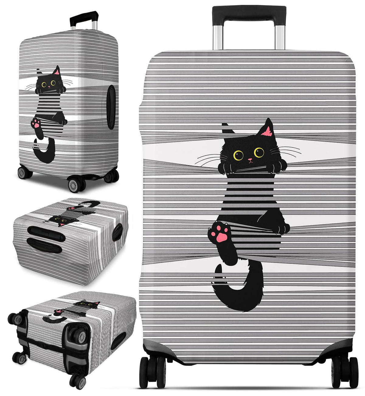 Slohif Luggage Cover for Suitcase Tsa Approved Protector - Grey Cute Cat Striped Luggage Sleeve Medium Suit Case Cover Travel Stretch Baggage Case Protective Washable Fit 24-27 Inch