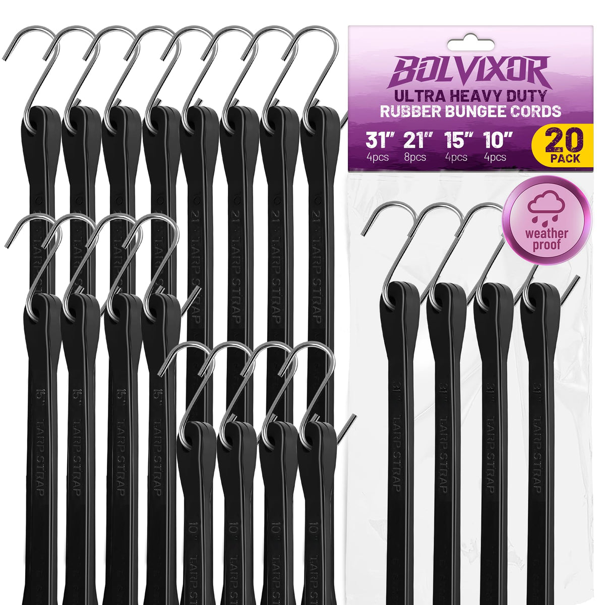 Bungee Cords with Hooks, 10 Pack, 10", 15", 21", 31", EPDM Rubber