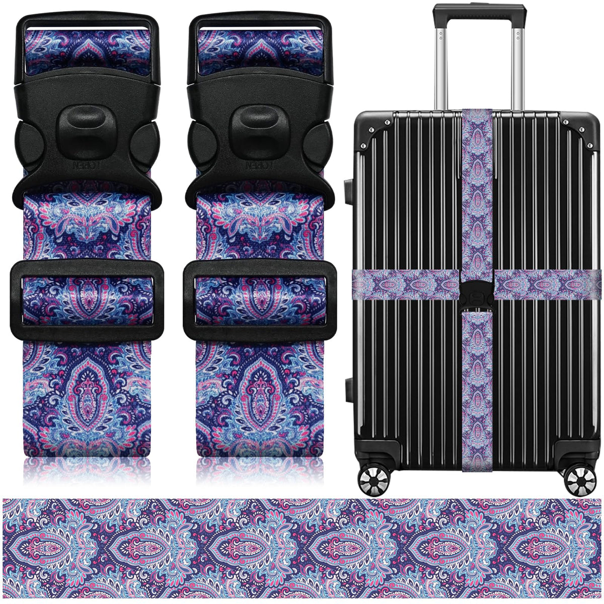 2 Pack Luggage Straps for Suitcases, Adjustable Travel Belt with Double Lock and Quick Release Buckle, Heavy Duty Nylon Bag Packing Strap, Bright Identifiers Business Travel Accessories-Colorful Block