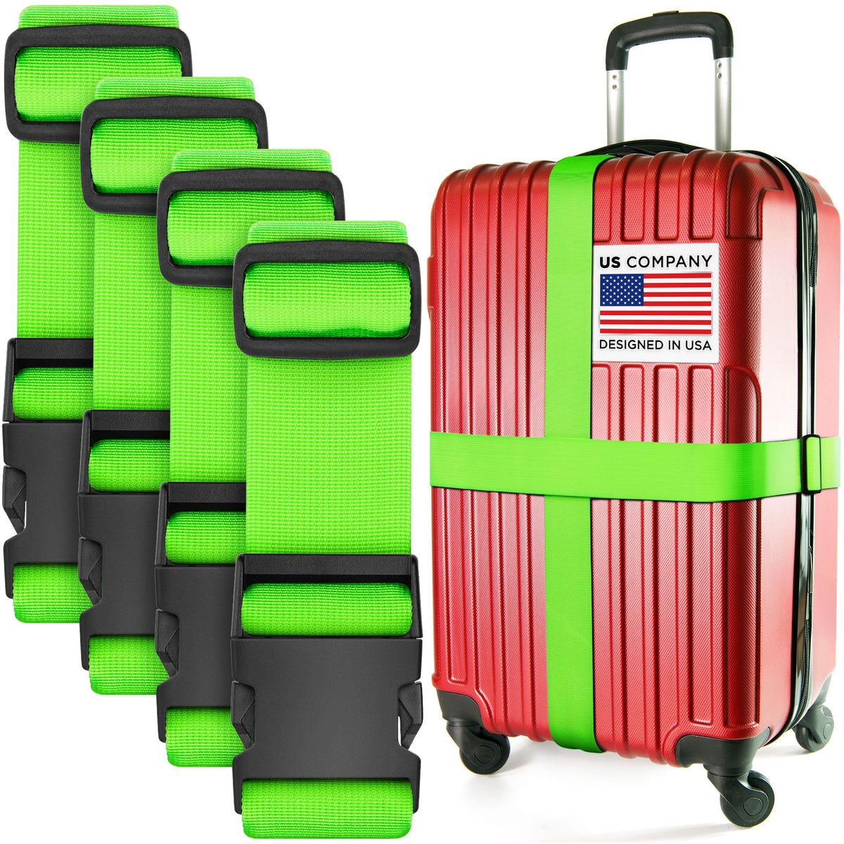 Luggage Straps for Suitcases - TSA Approved - Neon Green, 4 PK