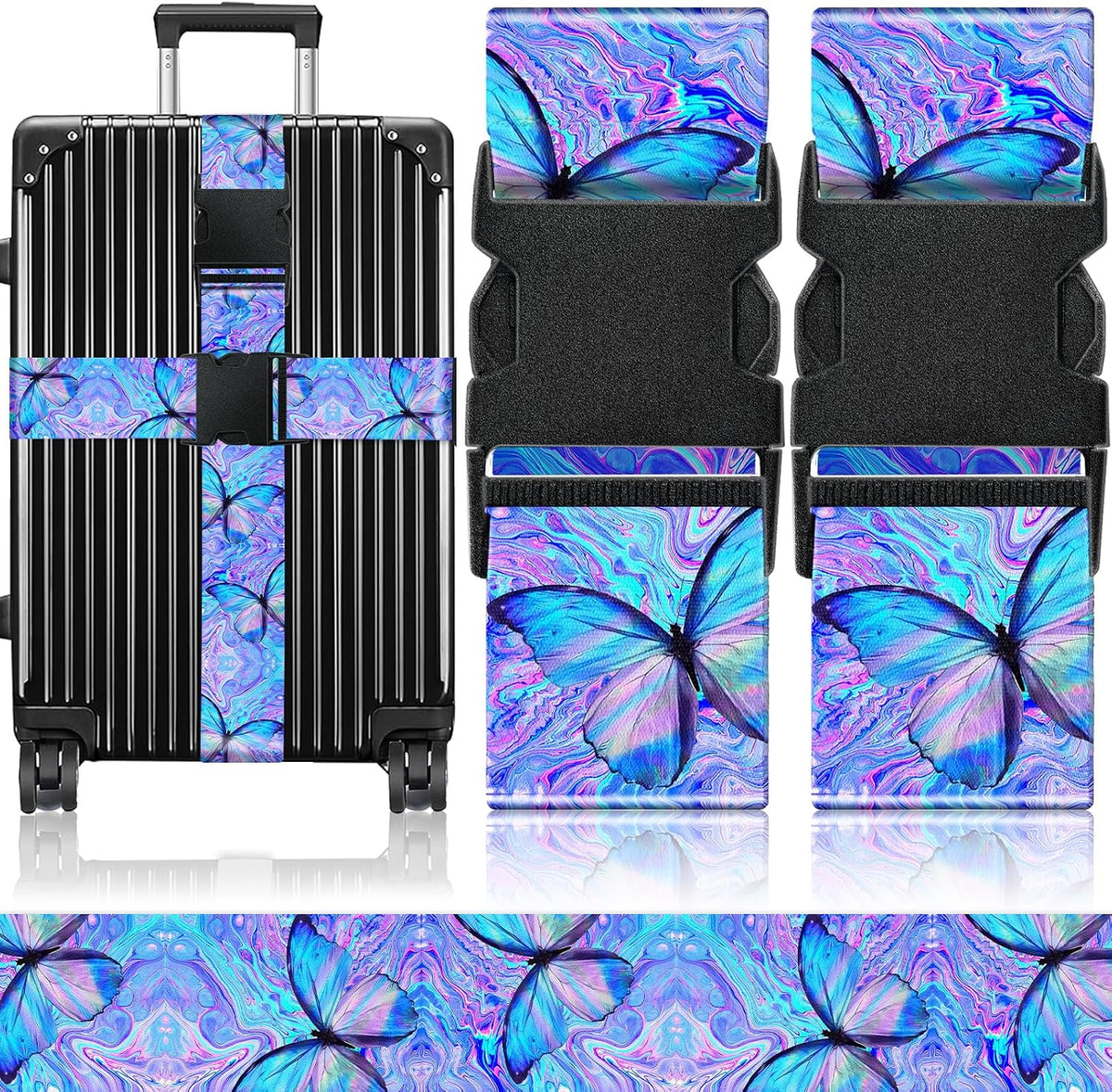 Slohif Luggage Straps for Suitcases Travel Belt Accessories Luggage Connector Identifiers 2 Pack Over Handle with Buckle Unique Nylon Adjustable Strap for Sleeping Bag Car Seat Butterfly