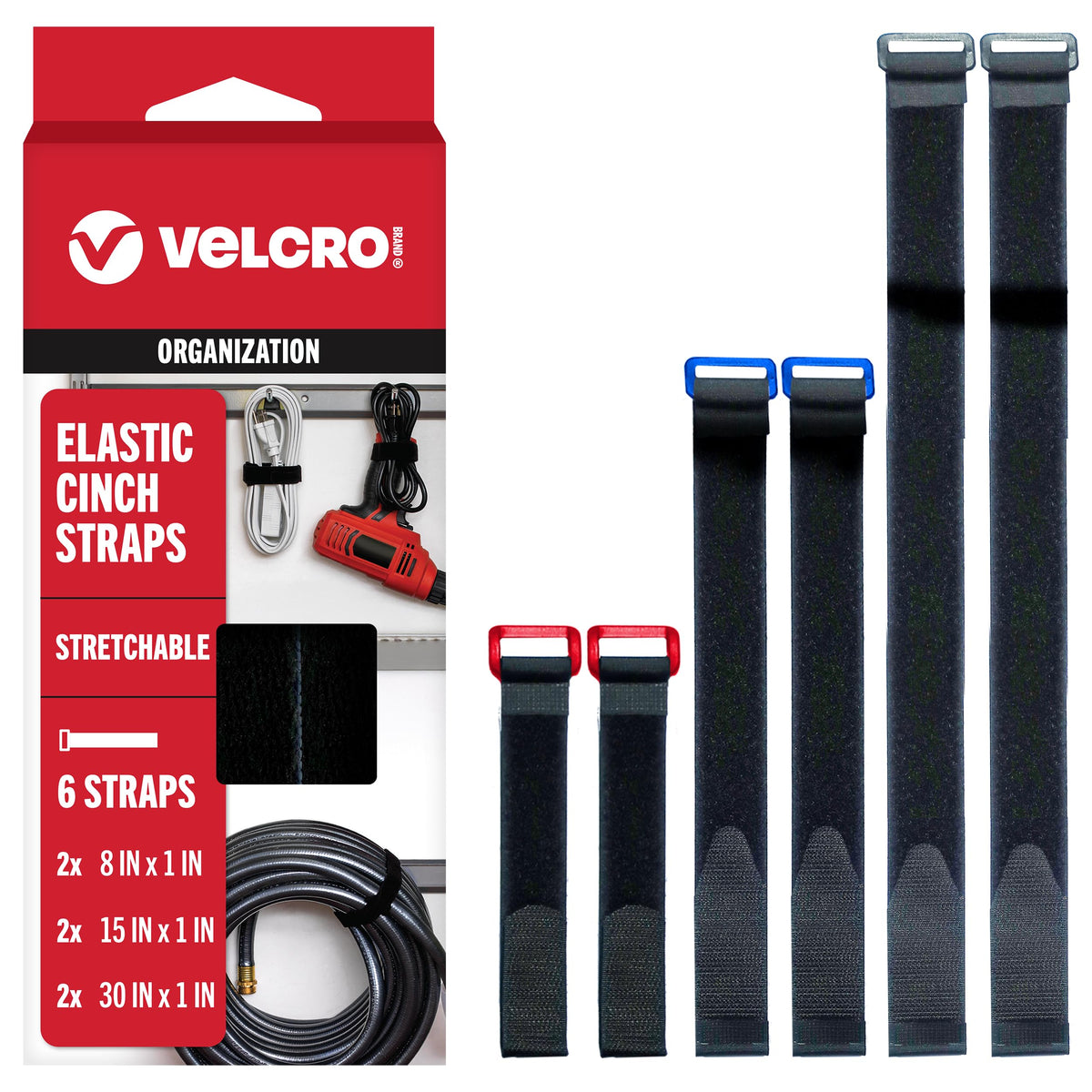VELCRO Brand Elastic Cinch Straps with Buckle, 30in x 1in, Black, 4 Pack