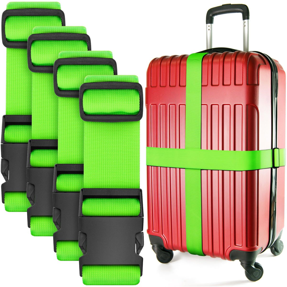 Luggage Straps for Suitcases - TSA Approved - Neon Green, 4 PK