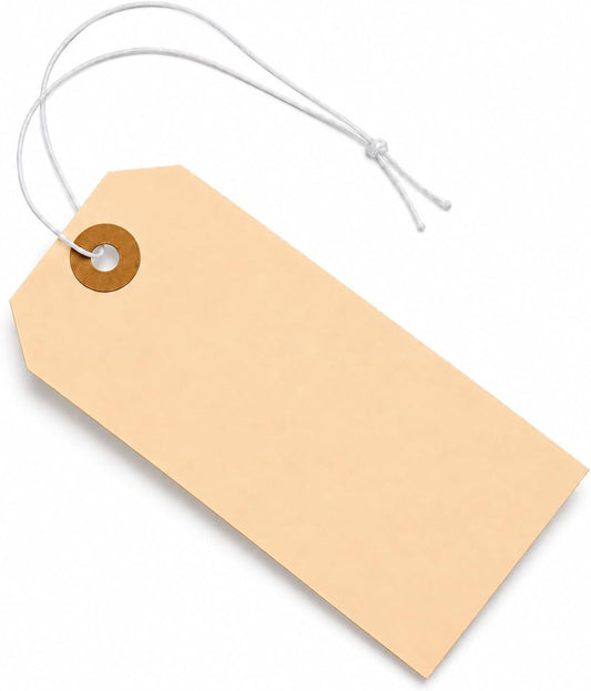 Tags with Elastic String Attached - #5, 4 3/4" x 2 3/8" Box of 100 Manila Paper Label Tags with Elastic Loop and Reinforced Hole