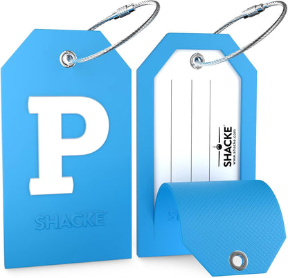 Shacke Initial Luggage Tag with Privacy Cover & Steel Loop (Aqua Teal, P)