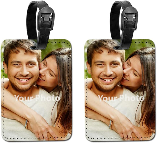 WIRESTER Set of 2 Personalized Custom Luggage Tags with Your Photo, PU Leather Name Tag Suitcase Tag Bag Tag Business ID Card Holder Travel ID Tag for Travel Suitcase Baggage Luggage