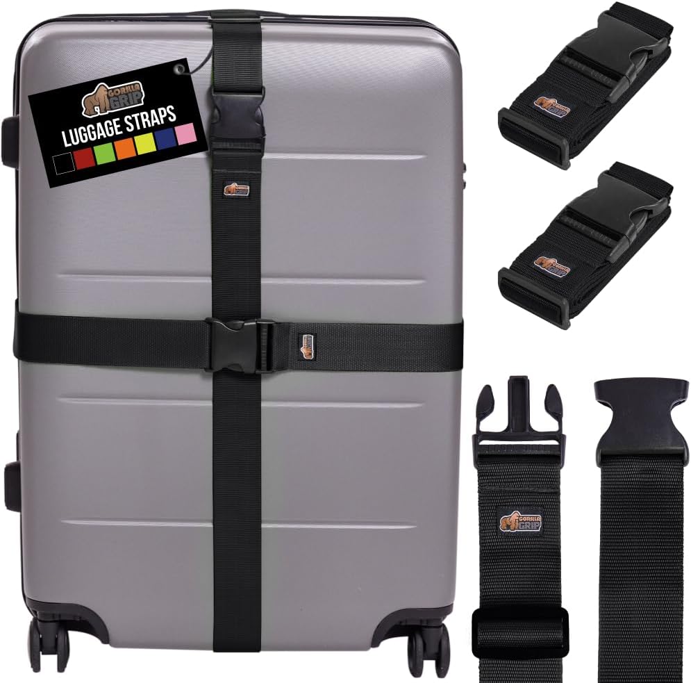 GORILLA GRIP Heavy Duty Luggage Straps for Suitcase, 4 Pack, Black